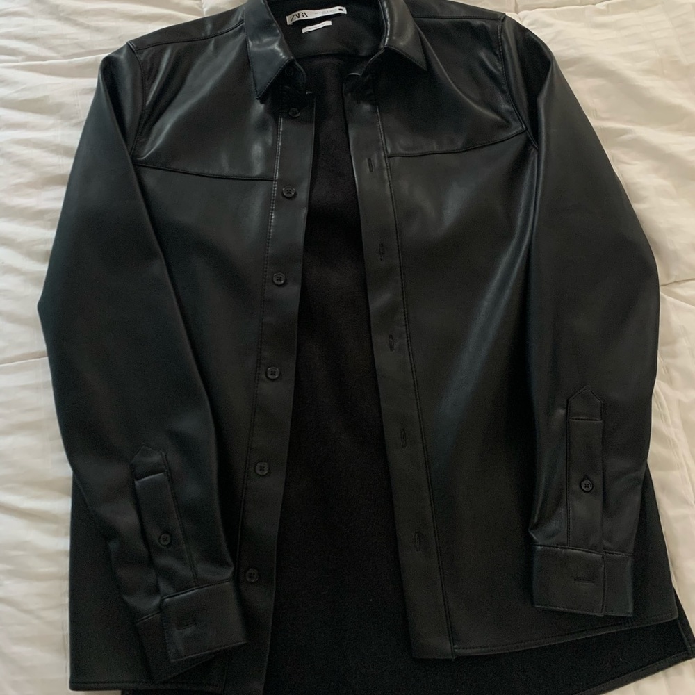 Zara Black Faux Leather Button-Up Jacket